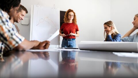 Bild zum Thema Workshop mit Lehrkräften; eine Frau steht vor einem Flipchart