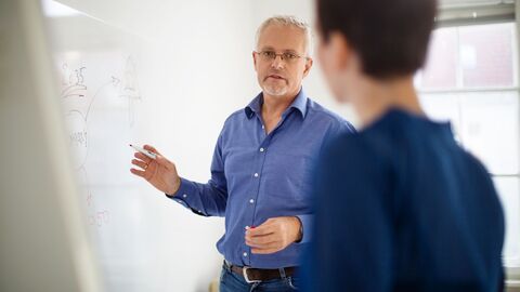 Bild zum Thema Ein Berater mit einer Lehrerin vor einem Flipchart