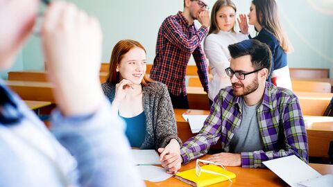Bild zum Thema Jugendliche Schüler in einem Klassenraum im Gespräch; es wirkt wie ein Workshop