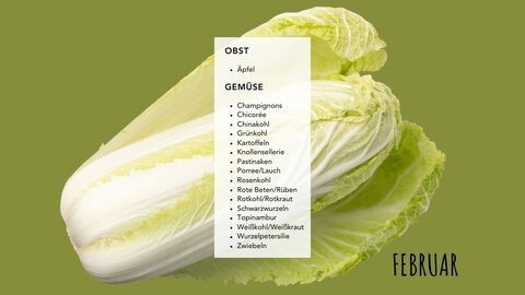 Ein Bild von einem Chinakohl mit weißem Balken drüber, auf dem die Lebensmittel der Saison (siehe Akkordeon) stehen