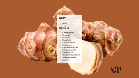 Ein Bild von Topinambur mit weißem Balken drüber, auf dem die Lebensmittel der Saison (siehe Akkordeon) stehen