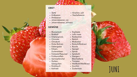 Ein Bild von Erdbeeren mit weißem Balken drüber, auf dem die Lebensmittel der Saison (siehe Akkordeon) stehen