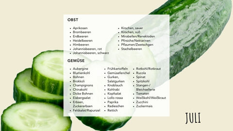 Ein Bild von einer Gurke mit weißem Balken drüber, auf dem die Lebensmittel der Saison (siehe Akkordeon) stehen