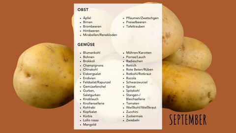 Ein Bild von Kartoffeln mit weißem Balken drüber, auf dem die Lebensmittel der Saison (siehe Akkordeon) stehen