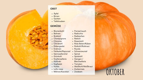 Ein Bild von einem Kürbis mit weißem Balken drüber, auf dem die Lebensmittel der Saison (siehe Akkordeon) stehen