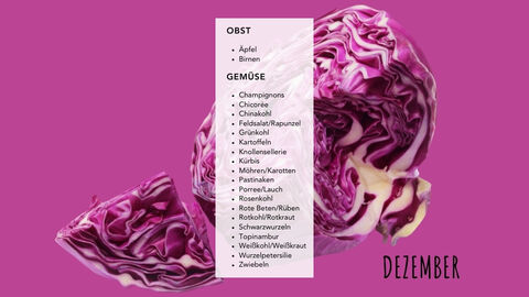 Ein Bild von einem Rotkohl mit weißem Balken drüber, auf dem die Lebensmittel der Saison (siehe Akkordeon) stehen