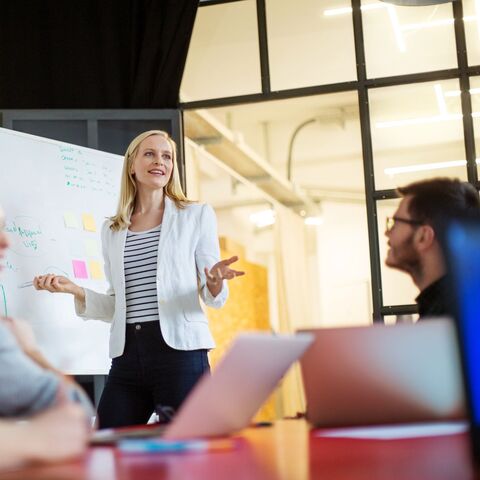 Bild zum Thema Fortbildnerin vor einer Metaplanwand während eines Workshops